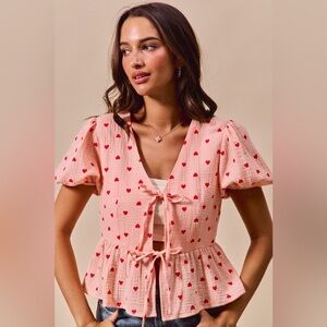 SO ME All Over Heart Ribbon Tie Baby Doll Valentine Blouse
